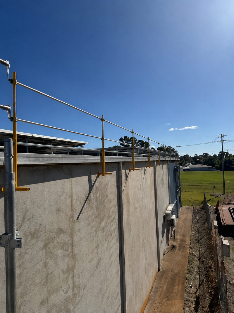 Roof edge protection system installed along a roof perimeter for safe roofing, gutter and solar work