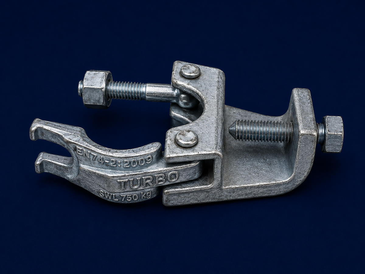 Heavy-duty and precision-engineered beam couplers designed to securely fix scaffold tubes to structural steel beams, ensuring maximum stability and load-bearing performance.