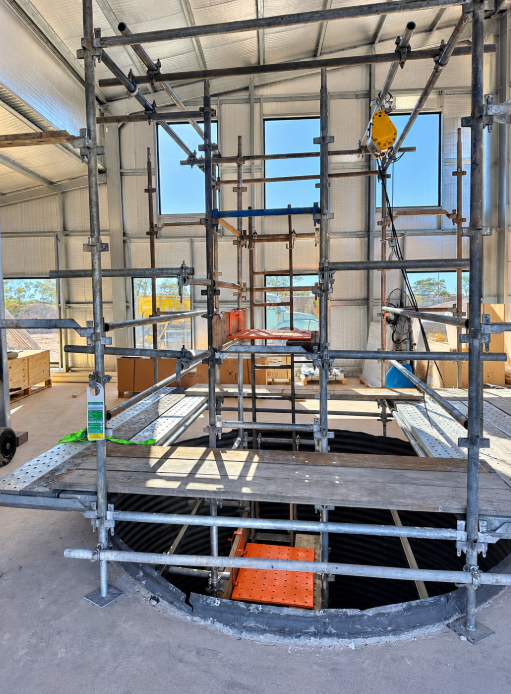Scaffolding hire in Lightning Ridge NSW: underground lift shaft scaffolding at the Chambers of the Black Hand