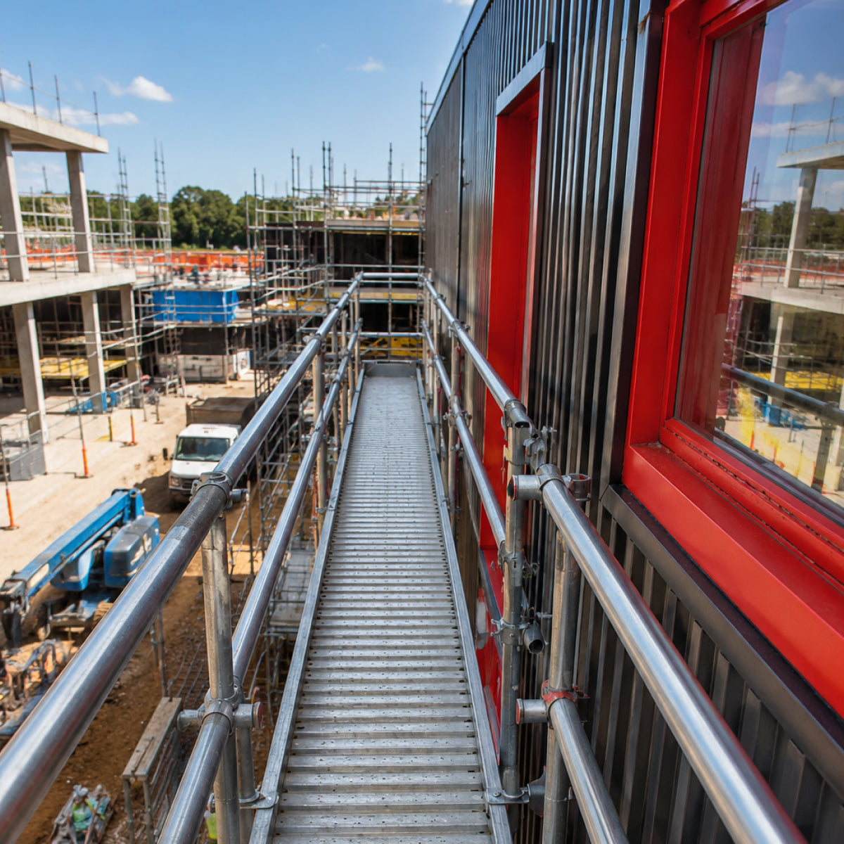 Galvanised Spandeck scaffold access walkway with safety handrails installed alongside a building on an active construction site, providing safe elevated access for workers.